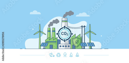 Industrial carbon reduction concept with solar panels wind turbines clean power and CO2 management technology