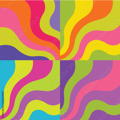 Vibrant dopamine aesthetic square background set. Bright abstract wavy vector panels with joyful maximalist colors for social media and posters.