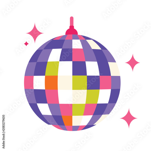 Bright dopamine aesthetic disco ball vector illustration. Colorful maximalist party mirror ball icon with sparkles for happy vibrant designs.