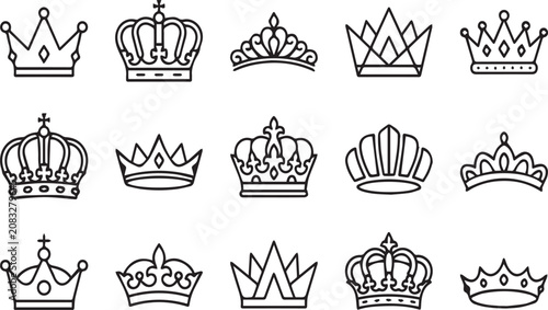 Tablou pe pânză Set of fifteen hand drawn outline crowns and tiaras, queen and king crown icon collection