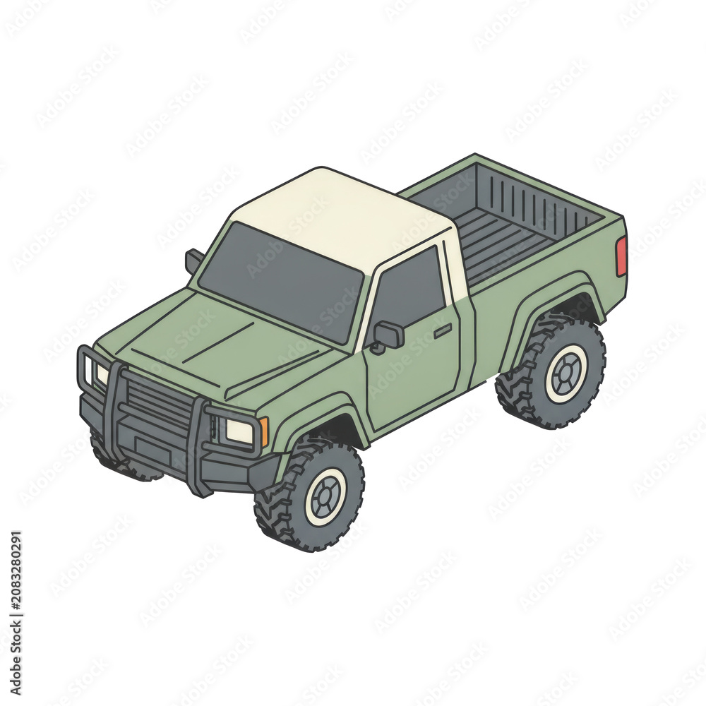 Obraz premium Isometric Green Pickup Truck Illustration Isolated on a Transparent Background