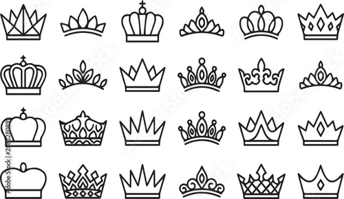 Fotografía Crowns set simple line design icons vector black silhouettes isolated on transparent background