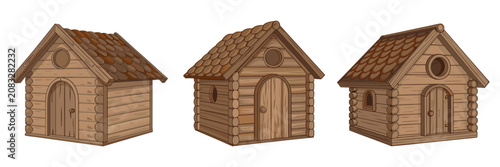 A wonderful set of three isometric wooden cabins featuring uniform log construction, arched doors, and brown tiled roofs in a stylized vector design.