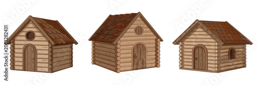 An isometric collection of three small wooden log cabins featuring detailed timber plank walls and arched wooden doors in a stylized illustration format.