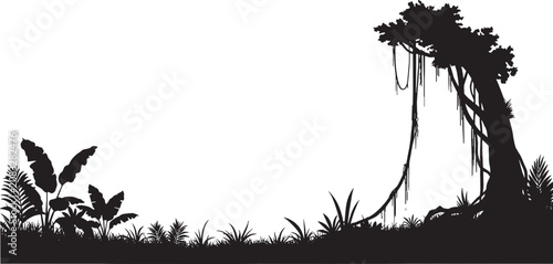 Black silhouette of a tropical jungle scene with a large tree and exotic plants isolated on transparent background, Vector