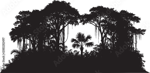 Black silhouette of a dense tropical jungle forest with palm trees and hanging vines isolated on transparent background, Vector