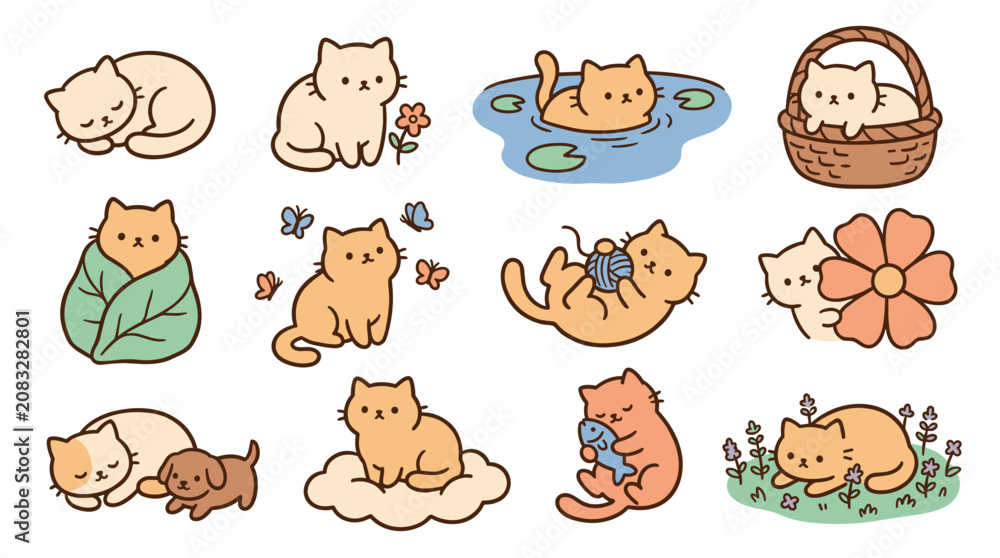 Fototapeta premium Collection of cute, simple kitten illustrations, sleeping, playing with yarn, and in a basket, perfect for children's books and fabric designs