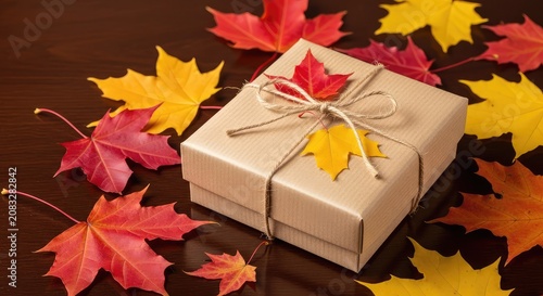 A rustic brown kraft paper gift box tied with natural twine string sits on a dark wooden surface surrounded by vibrant fall maple leaves, minimalist, box, brown paper