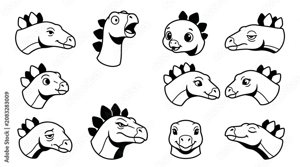 Fototapeta premium Collection of cartoon dinosaur head icons, showing various expressions and emotions, isolated on white background, perfect for children's design and
