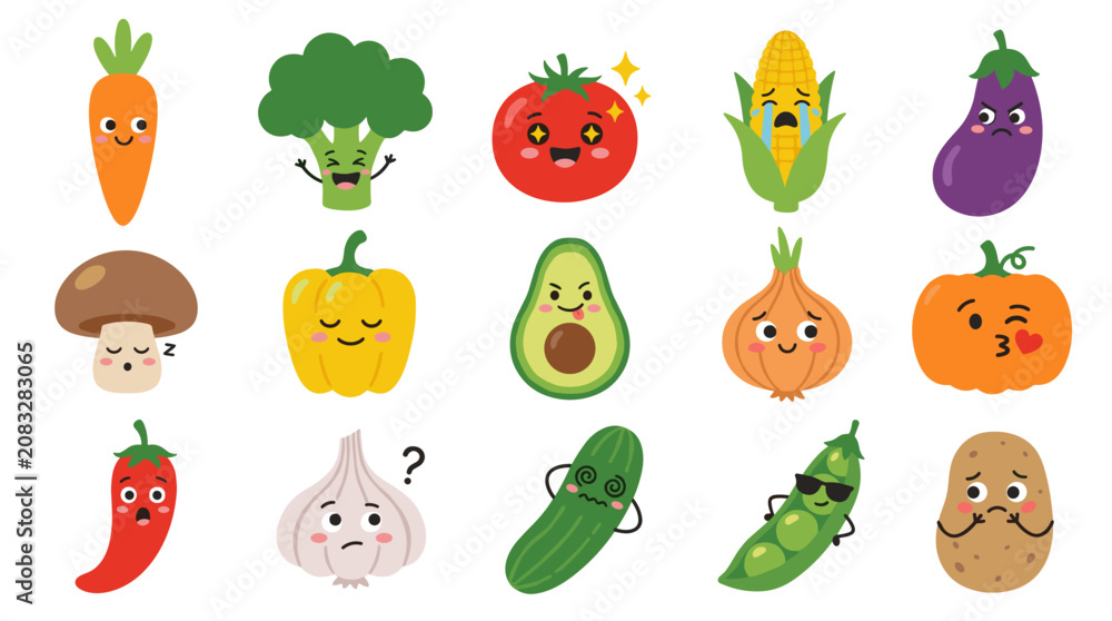 Fototapeta premium Collection of vegetables with cute faces and expressions, depicting various emotions, isolated on a white background