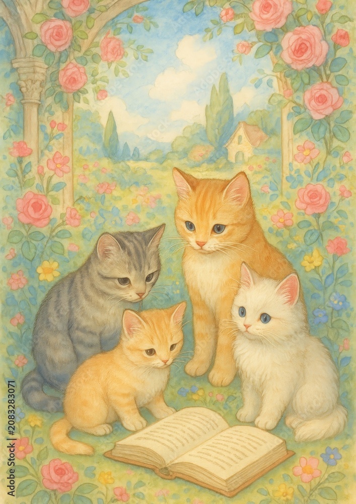 Obraz premium Whimsical cats in floral garden.