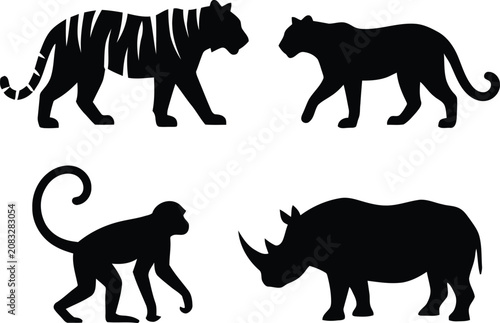 Canvas Print Wild Animal Silhouette Set with Tiger Panther Monkey and Rhinoceros Vector Illus