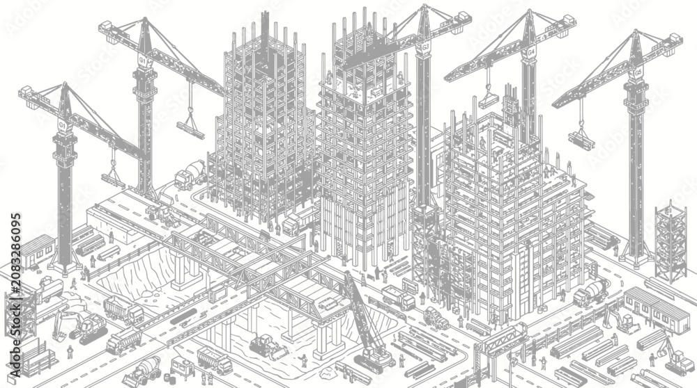 Fototapeta premium Busy urban construction site with skyscrapers and cranes line art