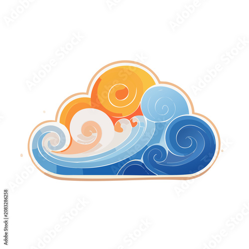 Colorful cloud with swirling waves and sun illustration