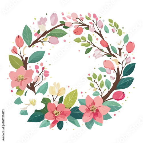 Pink flower wreath vector illustration