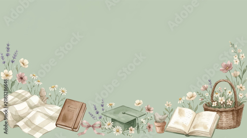 Fotografie A charming watercolor illustration of graduation elements and floral decorations on a soft green background, perfect for educational themes