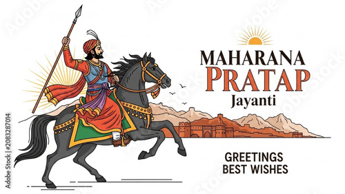 Εκτύπωση καμβά Illustration of Maharana Pratap riding a horse on a mountain