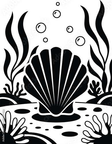 Coral Reef Icon with Black Flame Shapes, Bubbles, and Ripples Over a White Background for Marine Concept Design