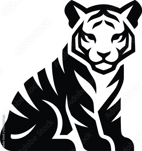 Tiger Head and Paws Icon with Bold Black and White Tribal Stripes, Vector Mascot Design for Sports Branding