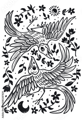 hand-drawn black and white illustration featuring two flying ravens surrounded by flowers, leaves, the sun, and the moon in vintage folk art style. vector isolated on white background for halloween.