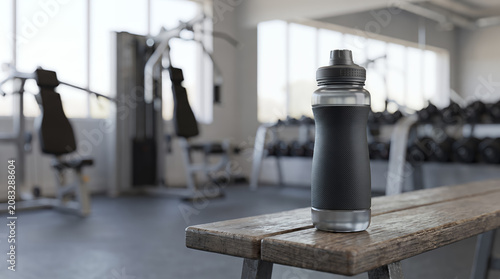 Modern sports water bottle on a wooden bench with a blurred gym background