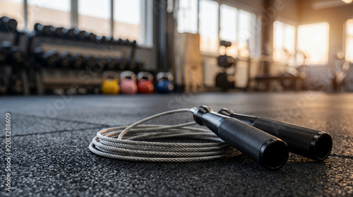 Close-up of a steel speed jump rope on a rubber gym floor with blurred fitness equipment in the background