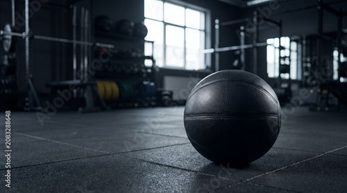 Black medicine ball on a rubber floor with a blurred gym interior background