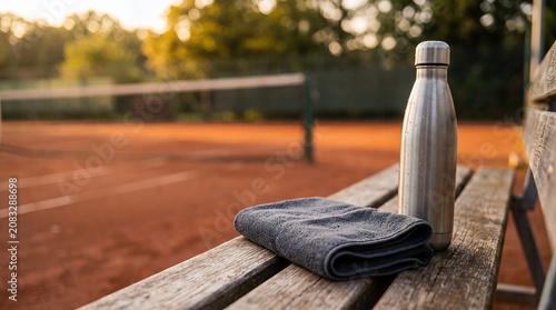 Stainless steel water bottle and folded towel on a wooden bench at a clay tennis court