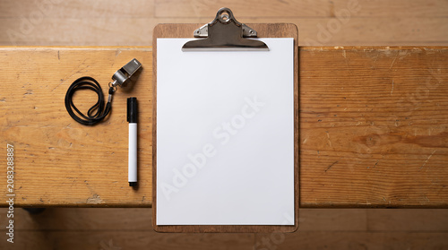Top view of a wooden clipboard with blank paper, a whistle, and a marker on a gym bench