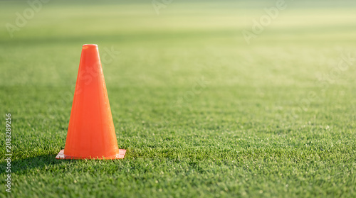 Bright orange training cone on a green grass field with soft morning sunlight