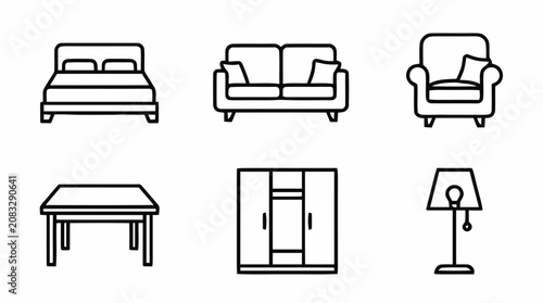 Quadro su tela Illustration of furniture set with sofa, armchair, table, wardrobe, and lamp icons