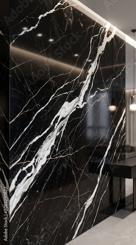 Elegant black marble wall with striking white veining in luxury modern interior design