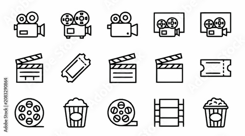 Cuadro en lienzo Film icons and movie symbols arranged on a white background with cameras, clappe