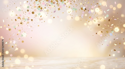 Elegant Festive Background with Sparkling Gold Confetti and Soft Bokeh Lights for Celebration