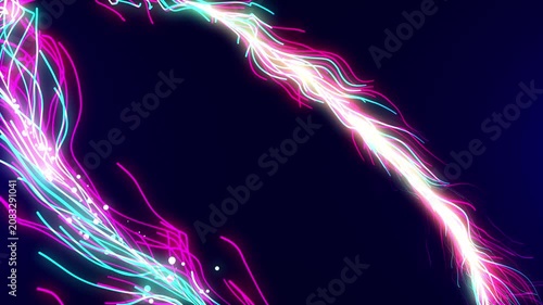 Glowing pink and cyan neon light trails curve across a dark background, creating a futuristic abstract energy animation with vibrant motion.