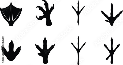 Bird Footprint Silhouette Collection Showing Various Avian Track Shapes and PatternsBird Footprint Silhouette Collection Showing Various Avian Track Shapes and Patterns