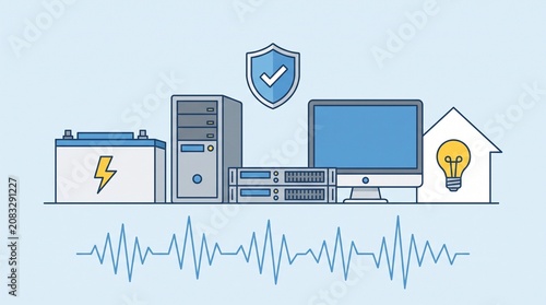 Server hardware connects to backup battery and security shield vector.