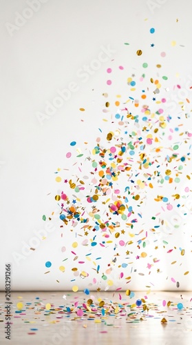 Colorful circular confetti falling vertically against a plain white background for festive celebrations and party invitations