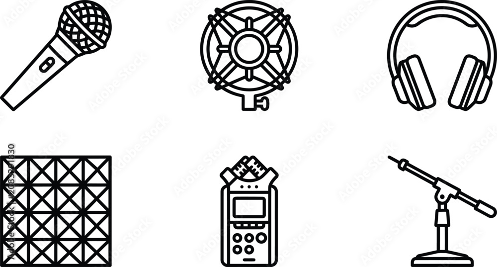 Fototapeta premium Set of professional audio recording equipment icons minimalist outline vector design for podcasting music production and sound engineering apps