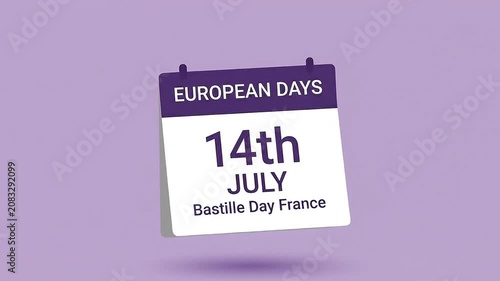 Animated calendar page for Bastille Day France on July fourteenth rotating on purple background