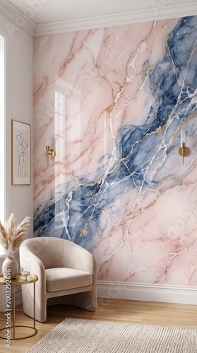 Elegant living room corner featuring luxury pink and blue marble wallpaper and cozy cream armchair