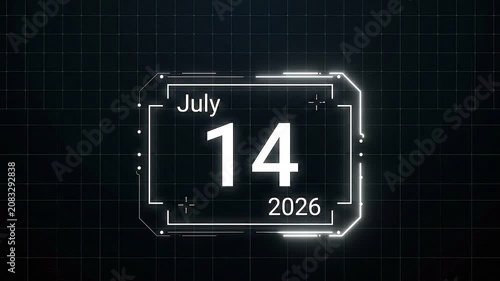 Futuristic digital HUD calendar interface displaying July fourteenth twenty six date Overlay on Black Background