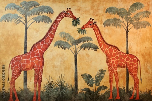 Two giraffes feeding on acacia leaves in the African savanna