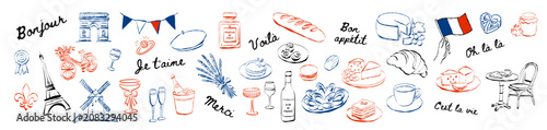 Fotografie French culture Whimsical doodle collection featuring iconic cuisine, and phrases