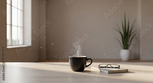 Dark coffee mug on table in bright sunlit room.