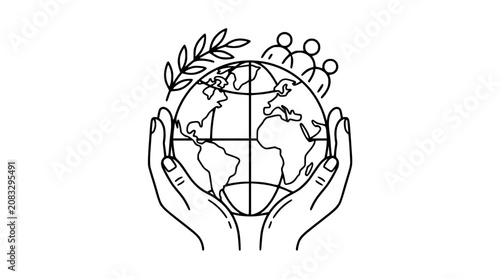 Hands Holding Globe with People and Olive Branch - Global Peace and Unity Symbol