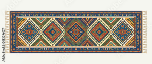 Traditional Oriental Carpet with Geometric Patterns and Ethnic Motifs
