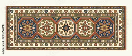Vintage Ornamental Runner Rug with Octagonal Floral Motifs
