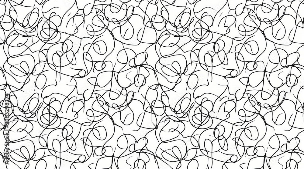 Fototapeta premium Black wavy, looping lines form a chaotic yet repeating abstract design on a bright white surface