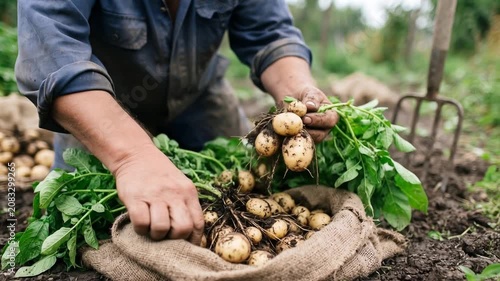 Farmer hands harvesting and sorting fresh raw potatoes from soil in garden close up video